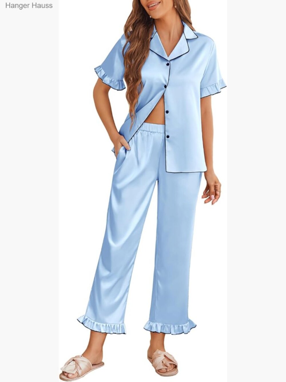 Womens Satin 2 Piece Pajama Set Short Sleeve Button Down Top & Pants